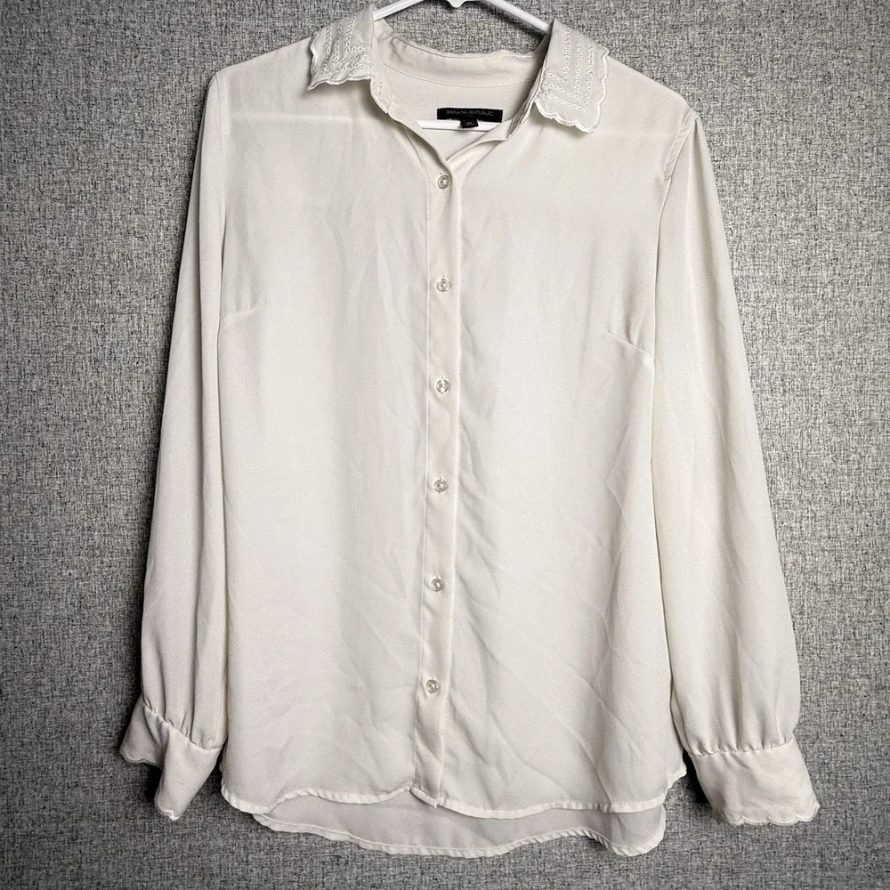 J. Crew Ivory Bone Embroidered Collar Cuffs Long Sleeve Dress Shirt MEDIUM